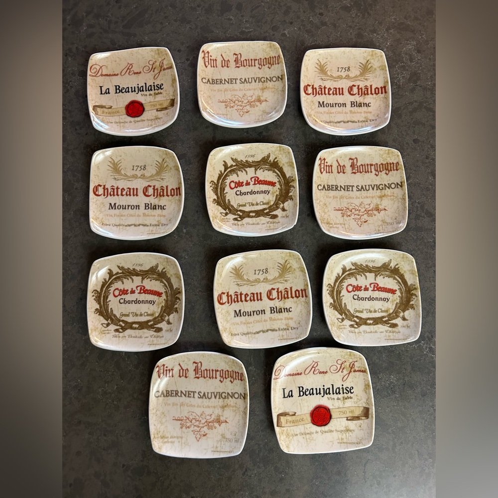 11 Thirstystone coasters/small appetizer plates. Wine labels